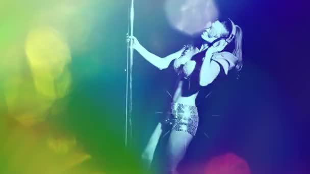 Female Pole Dancer Overlayed Disco Lights — Stockvideo