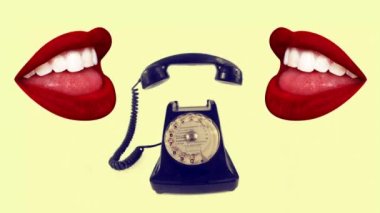 Klasik bir döner telefonun sabit hareketli görüntüsü. Cep telefonu hoplayıp zıplıyor ve kırmızı konuşan dudaklar.
