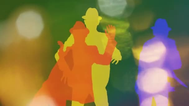 Brightly Coloured Shadow Silhouette Dancers — Vídeo de stock