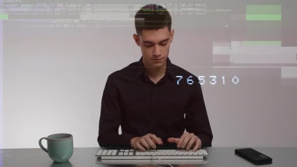 Young Business Man Working Office Overlayed Data Code — Stock Video