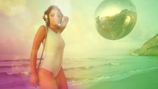 Beautiful Woman Dancing Beach Bikini Mirror Balls — Stock Video