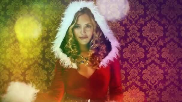 Frau Tanzt Süßen Weihnachtsmann Kostüm Zum Weihnachtlichen Disco Shooting — Stockvideo