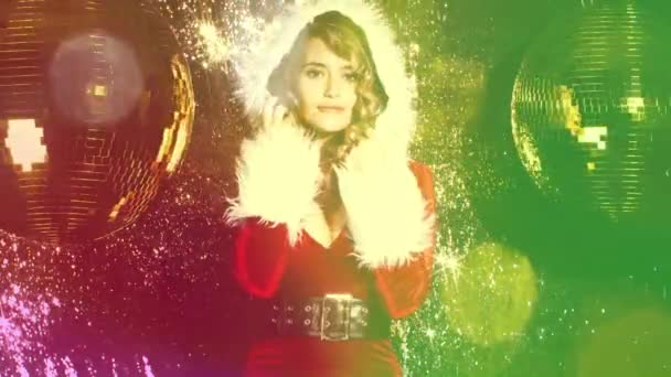 Woman Dances Cute Santa Claus Costume Christmas Time Disco Shoot — Stock Video