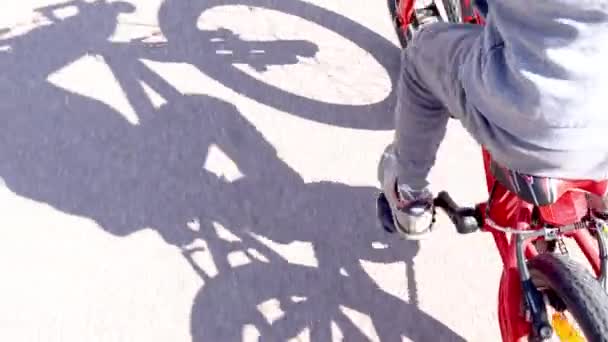 Una Niña Pequeña Montando Una Bicicleta Con Sombra Tarde Larga — Vídeos de Stock