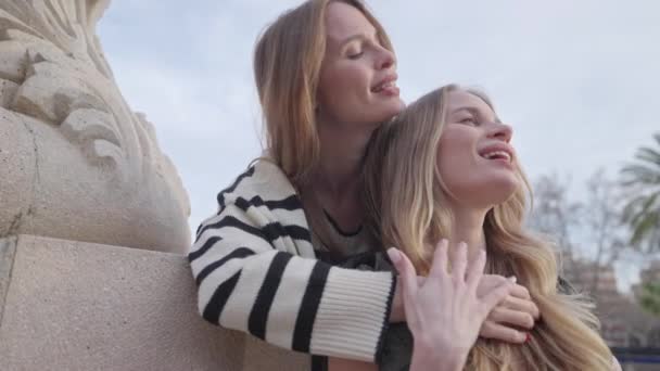 Identieke Tweeling Vrouwen Poseren Knuffelen Een Park — Stockvideo