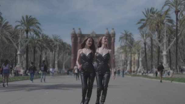 Identieke Tweeling Vrouwen Lopen Naar Camera Bijpassende Zwarte Outtifits — Stockvideo