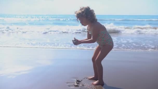 Small Girl Waters Edge Having Fun Dancing Playing — Stock Video