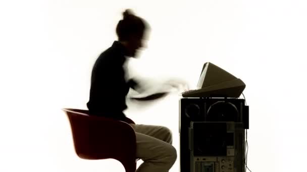 Young Man Working Vintage Computer Shadow — Stock Video