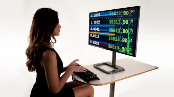 Een Slimme Vrouw Een Computer Met Aandelenhandel Het Scherm — Stockvideo