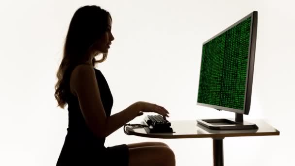 Una Mujer Inteligente Una Computadora Silueta Oscura — Vídeo de stock