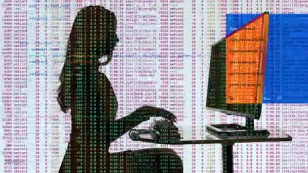 一个聪明的女人在黑暗的轮廓中坐在电脑上 — 图库视频影像