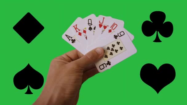 Uma Mão Segurando Cartas Baralho Cassino Jogos Clipe Jogo — Vídeo de Stock