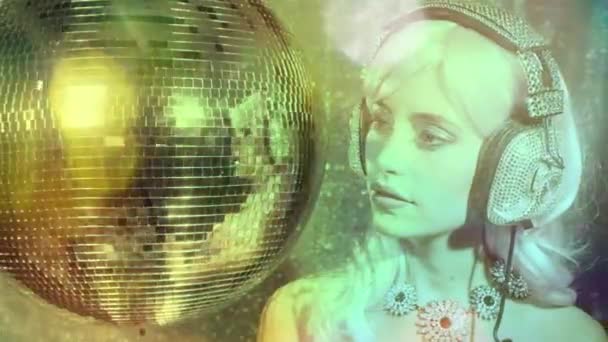 Disco Woman Dancing Silver Crystal Headphones Surrounded Disco Balls — Stock Video