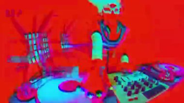 A mix of different cyber raver dancers and Djs filmed in fluorescent clothing under UV black light