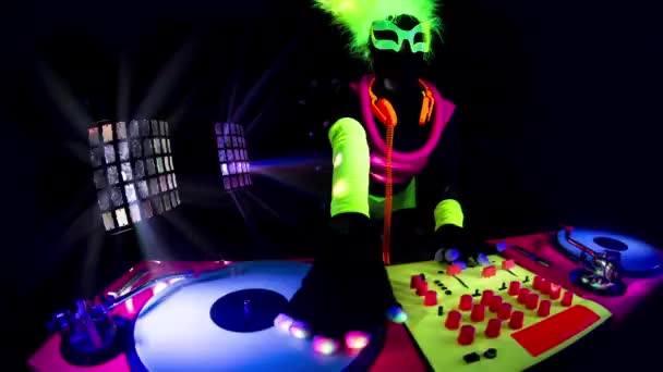 Mix Different Cyber Raver Dancers Djs Filmed Fluorescent Clothing Black — Stock video