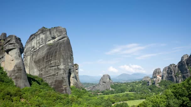 Timelapse Amazing Meteora Rock Formations Monasteries Greece — Stock Video