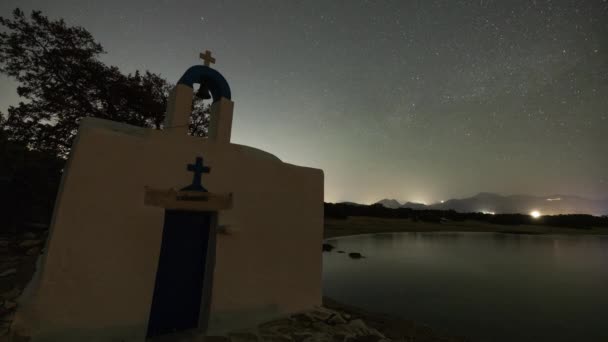 Capilla Griega Junto Playa Alyko Naxos Grecia Por Noche — Vídeo de stock