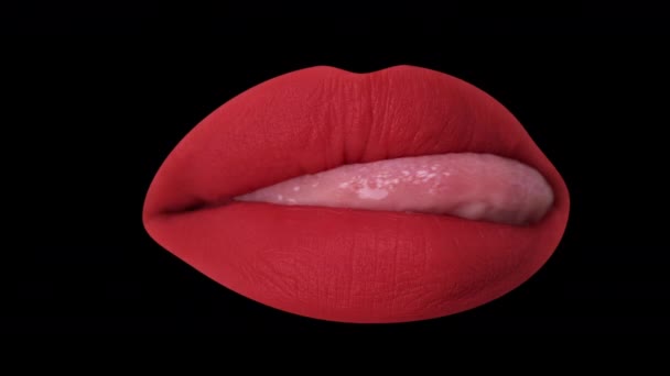 Uitgesneden Rode Lippen Met Likkende Tong — Stockvideo