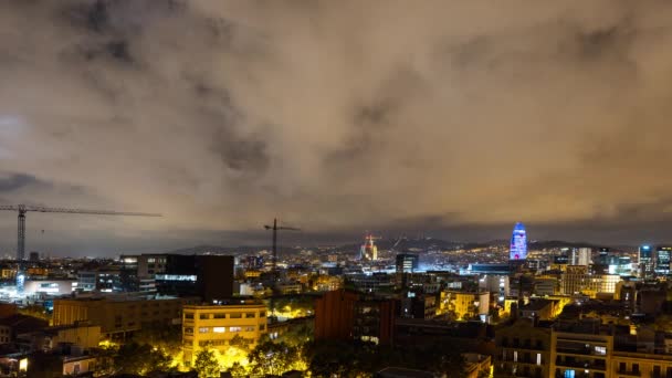 Timelapse Barcelona Skyline Skott Från Unik Utsiktspunkt Natten — Stockvideo
