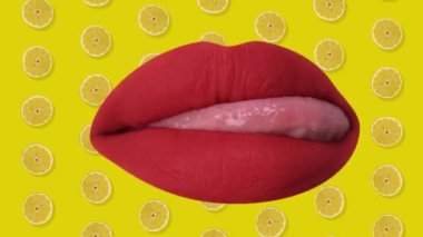 Dilini yalayan kırmızı dudaklar ve arka planda düşen limonlar.