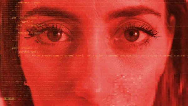 Eine Frau Mit Gesichtsscanner Mit Code Und Panne Stockbild