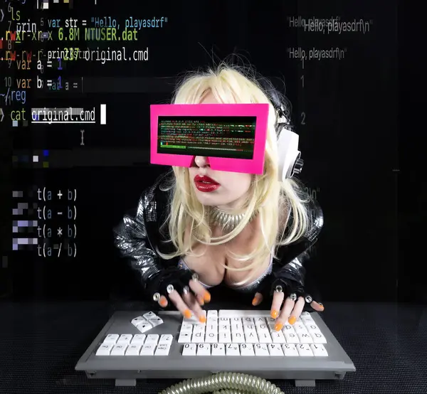 コンピュータ上のVrヘッドセットを持つ女性 ロイヤリティフリーのストック写真