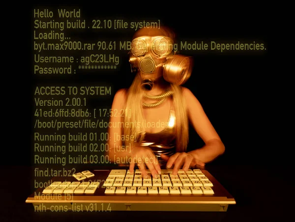 コンピュータにタイピングする金のガスマスクを持つ女性 ストックフォト