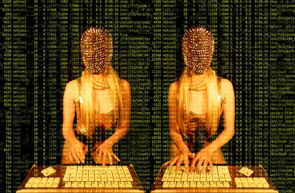 Woman Gold Spiky Mask Typing Computer — Stock Photo, Image