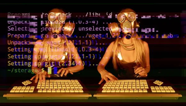 Woman Gold Gas Mask Typing Computer Stock Image