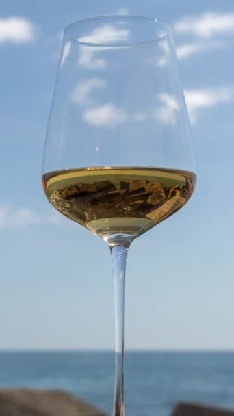 在日出或日落时带着白葡萄酒和闪闪发光的大海和天空的玻璃杯 在垂直录像中 — 图库视频影像
