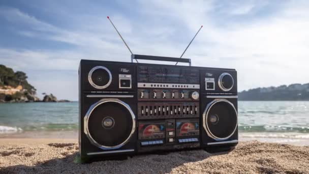 Ρετρό Γκέτο Blaster Boombox Μια Όμορφη Παραλία — Αρχείο Βίντεο