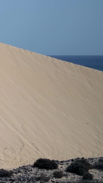 Steep Sand Dune Beach Sotavento Jadia Fuerteventura Sea Background Vertical — Stock Video