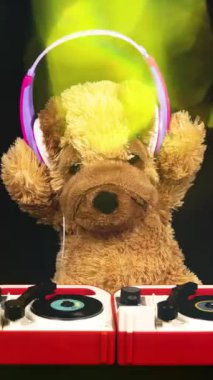 Bir stop motion oyuncak ayısı. Kulaklık takıyor. Dikey pikaplarda DJ 'lik yapıyor.