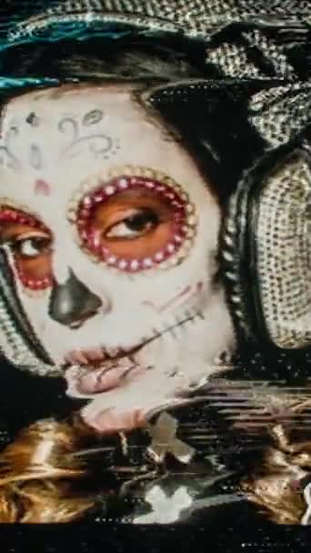 Красивая Женщина Специально Разработанной Конфеты Череп Мексиканский День Мертвого Лица — стоковое видео