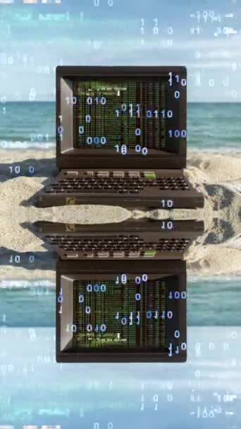 Ретро Компьютер Пляже Данными Кодом Экране Вертикальном — стоковое видео