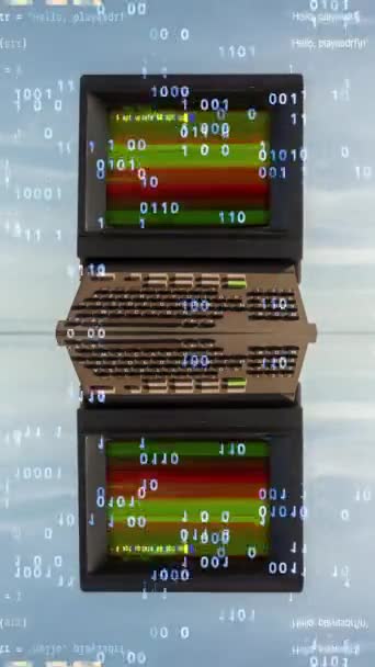 将数据和代码垂直地显示在屏幕上的海滩上的复古计算机 图库视频