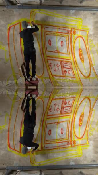グラフィティアーティストのストップモーション 垂直の壁にブームボックスのゲットトブラスターを噴霧 — ストック動画
