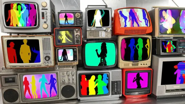 Incroyable Collection Téléviseurs Vintage Rétro Transformée Mur Télévision Avec Statique Images De Stock Libres De Droits