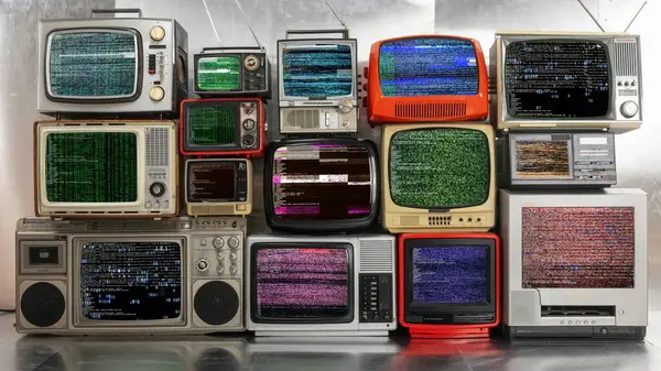 Amazing Collection Vintage Retro Televisions Made Wall Static Glitch Screen Стокове Фото
