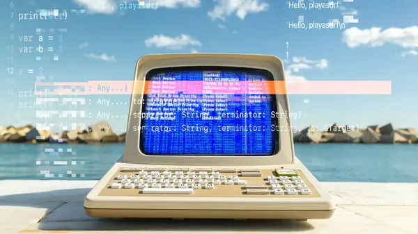 ビーチのレトロコンピュータ データと画面上のコード ストック写真
