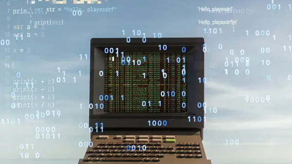 Komputer Retro Plaży Danymi Kodem Ekranie Zdjęcie Stockowe