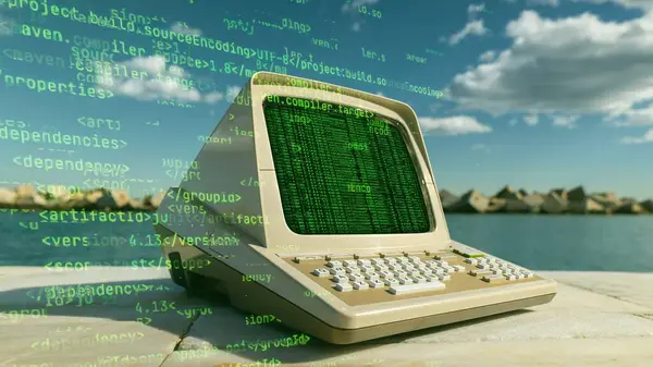 Ретро Компьютер Пляже Данными Кодом Экране Стоковое Фото