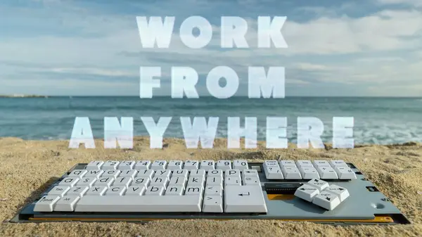 Retro Vintage Computertastatur Einem Strand Mit Wörtern Arbeit Von Überall Stockbild