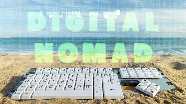 retro vintage computer keyboard on a beach with words digital nomad