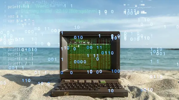 ビーチのレトロコンピュータ データと画面上のコード ロイヤリティフリーのストック写真