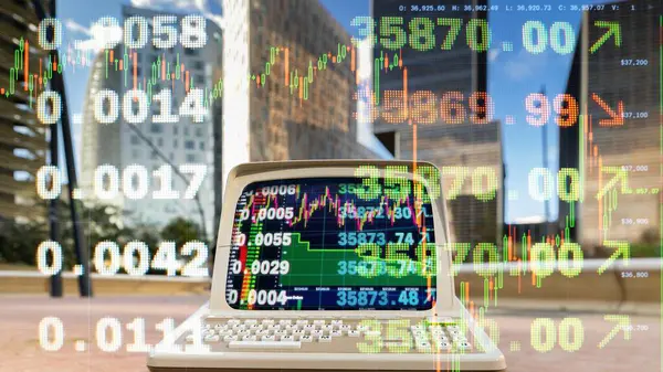 Retro Počítač Městským Mrakodrapem Panorama Akcie Obchodní Kód Data Obrazovce Royalty Free Stock Fotografie