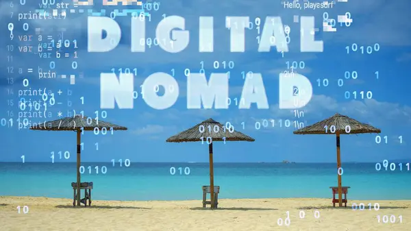 Rajska Plaża Parasolami Słowami Cyfrowy Nomad Obrazy Stockowe bez tantiem