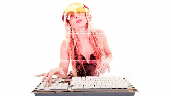 Seorang Wanita Funky Mengetik Komputer Stok Lukisan  