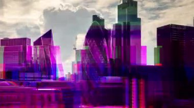 Londra şehri kilometrekare gökdelen silueti veri ve kodlarla kaplı.