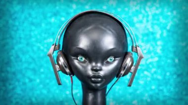 Retro kulaklıkları değişen bir mankenin stop motion videosu.